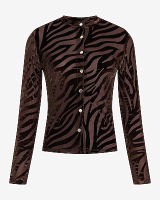 Textured Zebra Burnout Novelty Button Long Sleeve Top