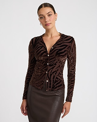 Textured Zebra Burnout Novelty Button Long Sleeve Top
