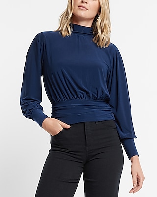 Matte Jersey Mock Neck Blouson Sleeve Open Back Top