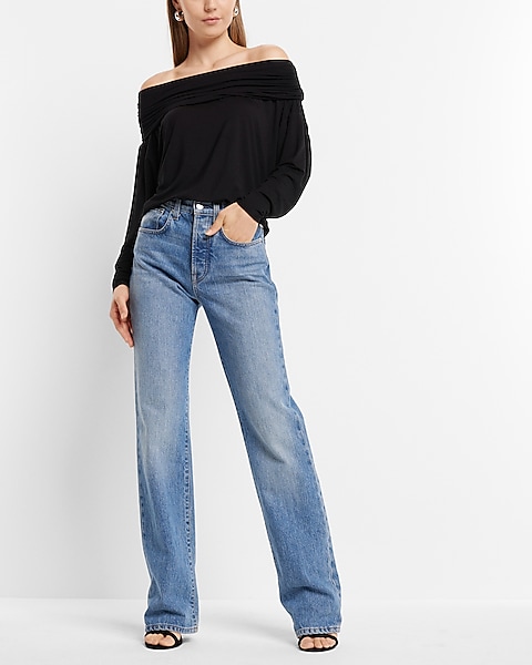 Off The Shoulder Dolman Sleeve Ruched Overlay Top | Express