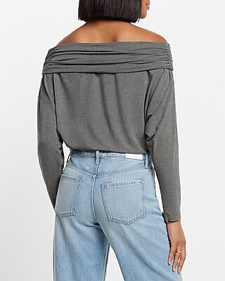 Off The Shoulder Dolman Sleeve Ruched Overlay Top