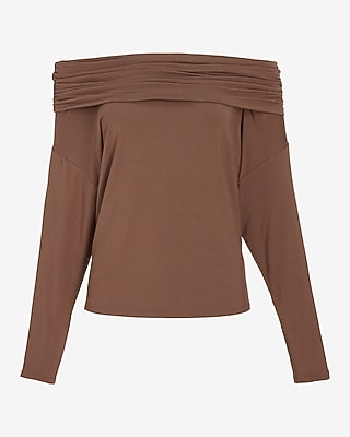 Off The Shoulder Dolman Sleeve Ruched Overlay Top