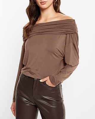 Off The Shoulder Dolman Sleeve Ruched Overlay Top