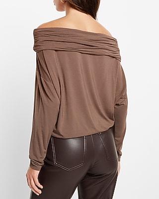 Off The Shoulder Dolman Sleeve Ruched Overlay Top