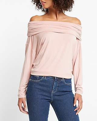 Off The Shoulder Dolman Sleeve Ruched Overlay Top