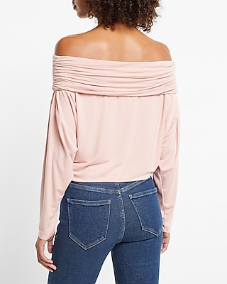 Off The Shoulder Dolman Sleeve Ruched Overlay Top