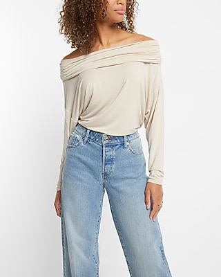 Off The Shoulder Dolman Sleeve Ruched Overlay Top