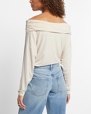 Off The Shoulder Dolman Sleeve Ruched Overlay Top