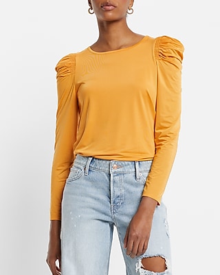 Sheen Jersey Long Sleeve Puff Shoulder Top