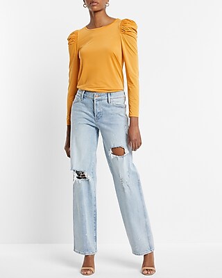 Sheen Jersey Long Sleeve Puff Shoulder Top