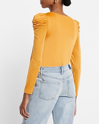 Sheen Jersey Long Sleeve Puff Shoulder Top