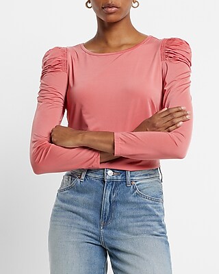 Sheen Jersey Long Sleeve Puff Shoulder Top