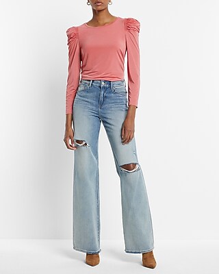 Sheen Jersey Long Sleeve Puff Shoulder Top
