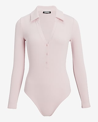 Ribbed V-Neck Long Sleeve Henley Polo Bodysuit