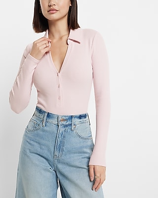 Ribbed V-Neck Long Sleeve Henley Polo Bodysuit