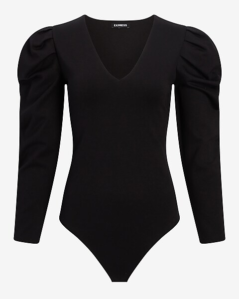 Fitted V-wire Ponte Long Sleeve Thong Bodysuit