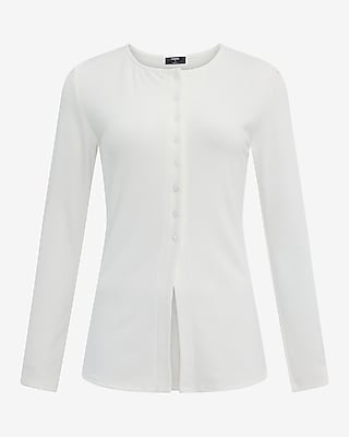 Crew Neck Long Sleeve Cutaway Hem Button Front Tee