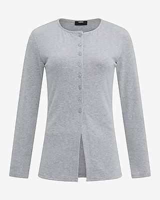 Crew Neck Long Sleeve Cutaway Hem Knit Cardigan