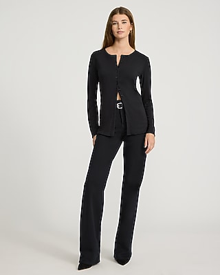 Crew Neck Long Sleeve Cutaway Hem Knit Cardigan