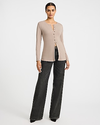 Crew Neck Long Sleeve Cutaway Hem Knit Cardigan