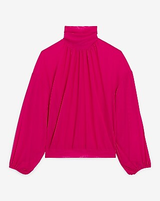 Mesh Gathered Mock Neck Blouson Sleeve Top