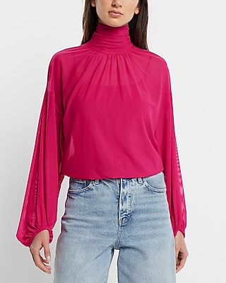 Mesh Gathered Mock Neck Blouson Sleeve Top