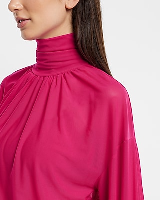 Mesh Gathered Mock Neck Blouson Sleeve Top