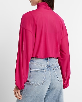 Mesh Gathered Mock Neck Blouson Sleeve Top