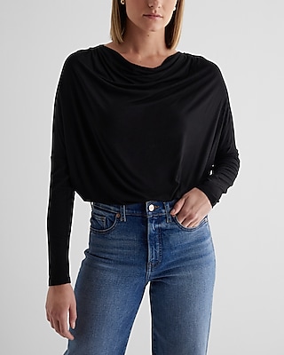 Supersoft Draped Cowl Neck Long Sleeve Tee Black Women's S