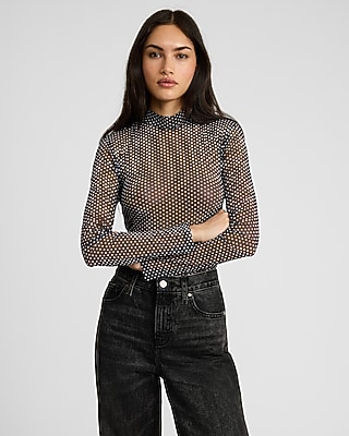Mesh Polka Dot Mock Neck Long Sleeve Tee