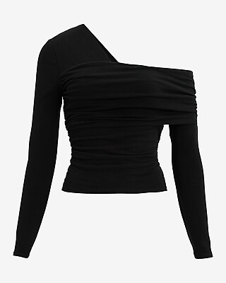 Asymmetrical Neck Long Sleeve Ruched Tee | Express