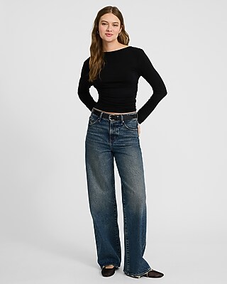 Bateau Neck Long Sleeve Ruched Tee