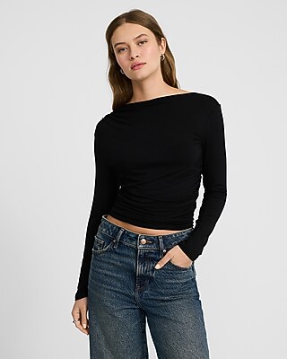 Bateau Neck Long Sleeve Ruched Tee