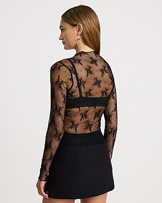 Sheer Lace Mock Neck Long Sleeve Top