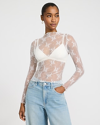 Sheer Lace Mock Neck Long Sleeve Top
