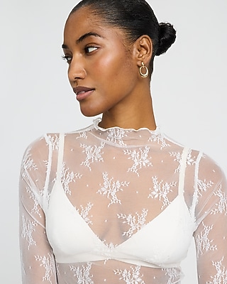 Sheer Lace Mock Neck Long Sleeve Top