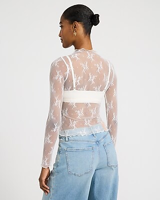 Sheer Lace Mock Neck Long Sleeve Top