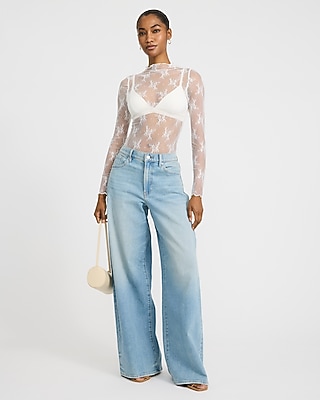 Sheer Lace Mock Neck Long Sleeve Top