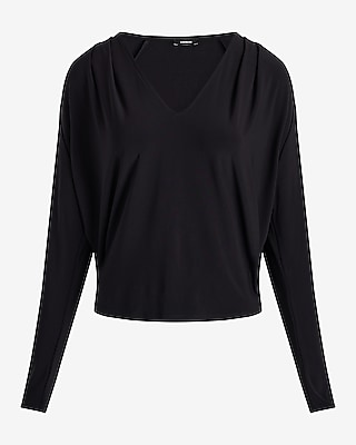 Skimming V-Neck Long Sleeve Pleated Shoulder Top