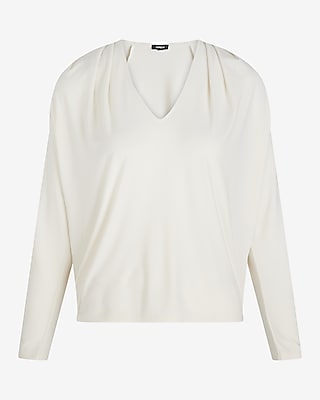 Skimming V-Neck Long Sleeve Pleated Shoulder Top