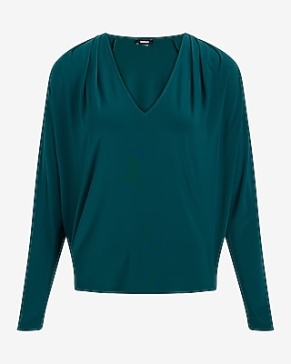 Skimming V-Neck Long Sleeve Pleated Shoulder Top