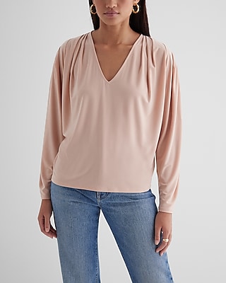 Skimming V-Neck Long Sleeve Pleated Shoulder Top