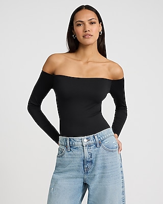 EXPRESS BLACK BODY CONTOUR RIBBED OFF THE SHOULDER THONG BODYSUIT