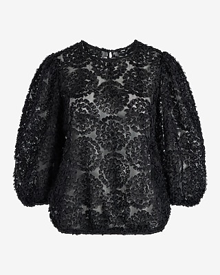 Textured Floral Crew Neck Puff Sleeve Top