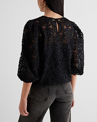 Textured Floral Crew Neck Puff Sleeve Top