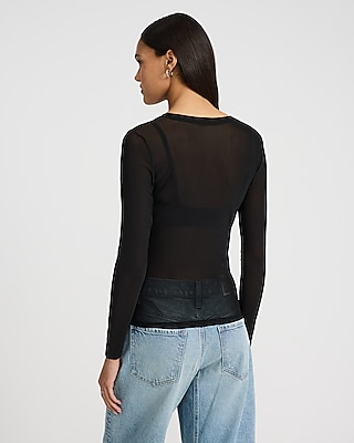 Fitted Mesh Crew Neck Long Sleeve Tee
