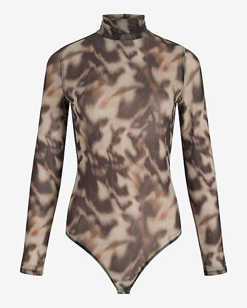 Long Sleeve Mesh Bodysuit With Leopard Print Detail