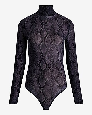 Fitted Mesh Snakeskin Mock Neck Long Sleeve Bodysuit