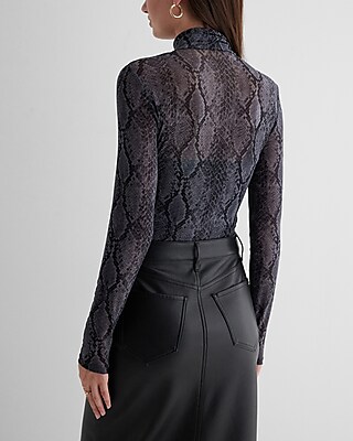 Fitted Mesh Snakeskin Mock Neck Long Sleeve Bodysuit