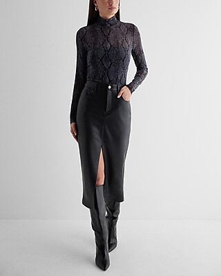 Fitted Mesh Snakeskin Mock Neck Long Sleeve Bodysuit
